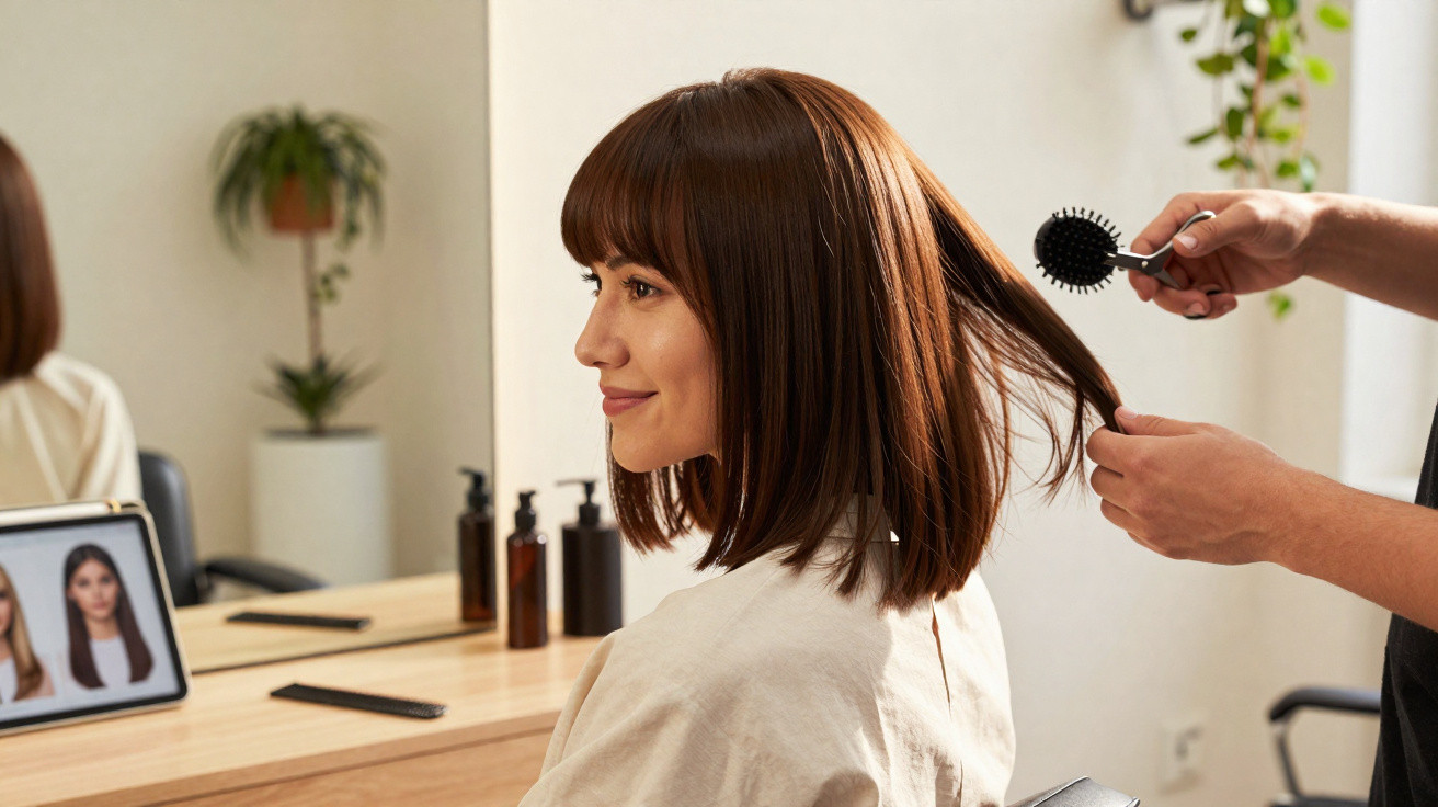 Frau mit braunen Haaren sitzt im Friseursalon, Person kämmt ihre Haare mit Rundbürste.