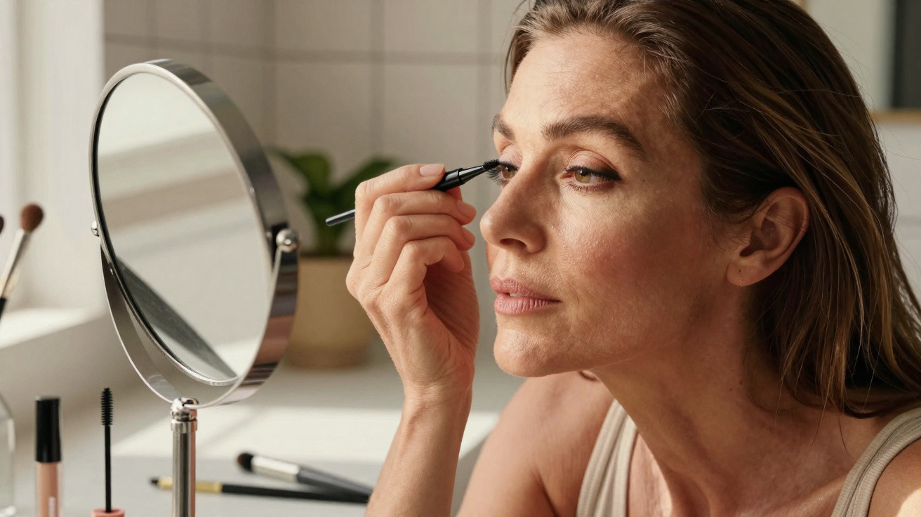 Frau trägt sorgfältig Eyeliner auf und schaut in einen runden Schminkspiegel auf einem Tisch.