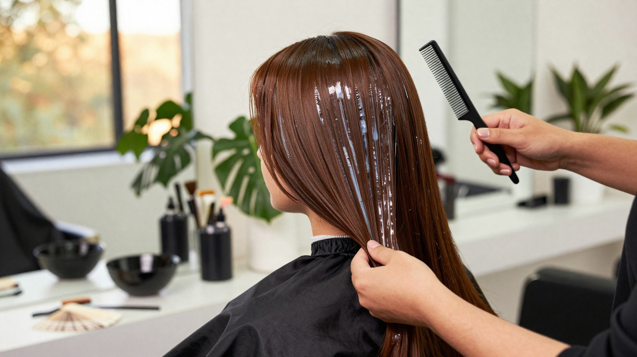 Frau im Friseursalon bei Haarkur, Friseur kämmt angereichertes, nasses Haar mit schwarzem Kamm.