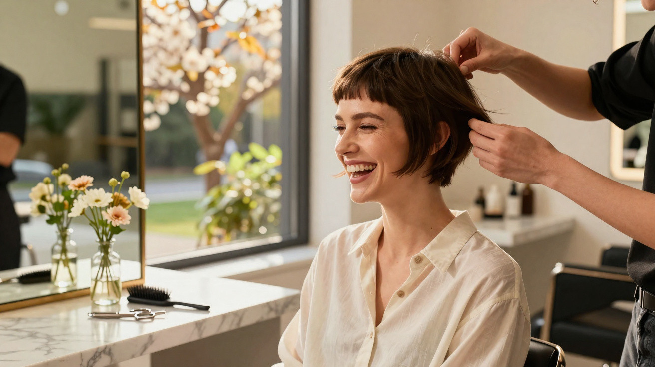 Frau lacht beim Friseurbesuch, Friseur stylt ihren kurzen braunen Bob, helles modernes Saloninterieur.