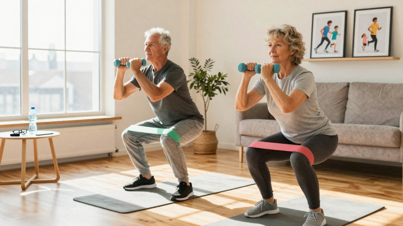 Älteres Paar macht Zuhause mit Hanteln und Widerstandsbändern Kniebeugen auf Yogamatten im Wohnzimmer.