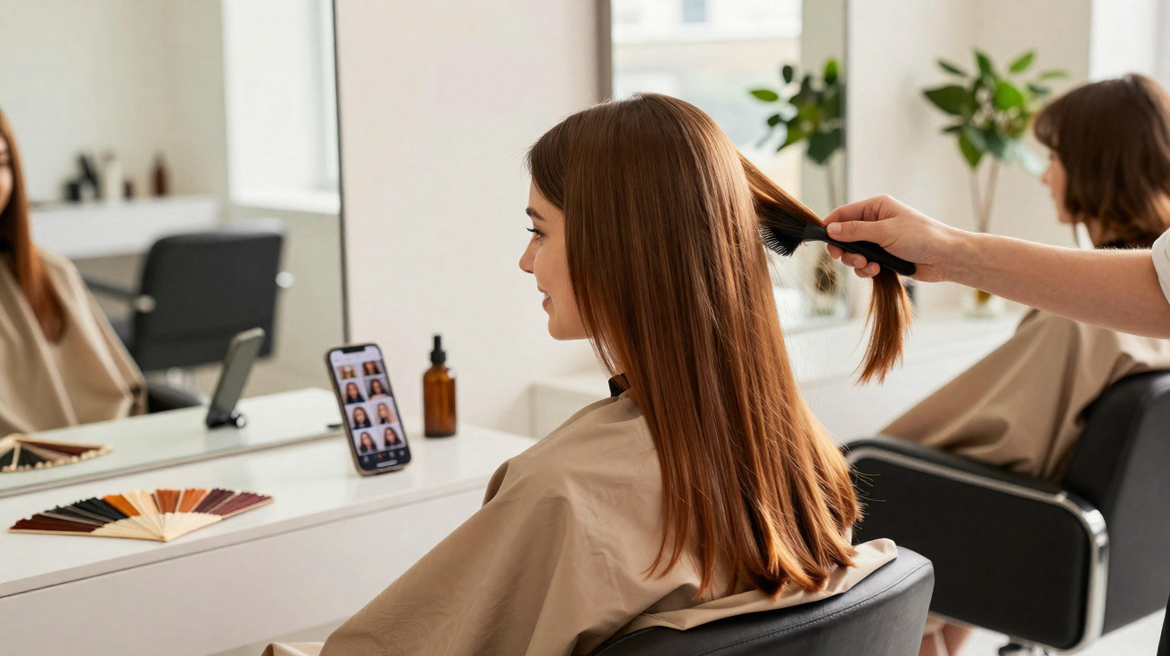 Frau sitzt im Friseursalon, Friseur kämmt ihr langes braunes Haar, Smartphone mit Frisur-Bildern auf Tisch.