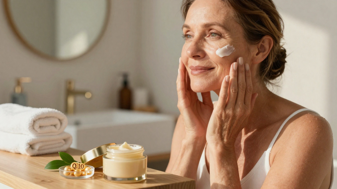 Ältere Frau trägt Gesichtscreme auf, Badezimmer im Sonnenlicht mit Creme und Q10-Kapseln auf dem Tisch.