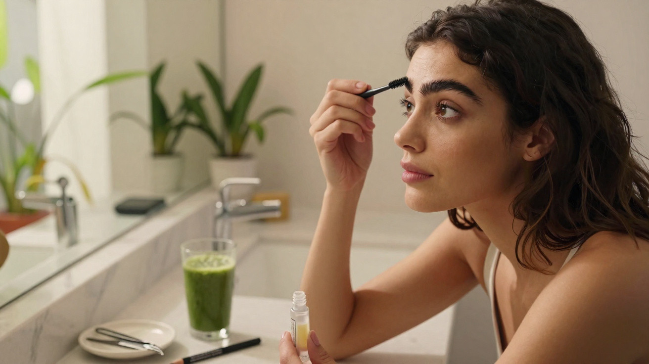 Frau trägt Wimperntusche im Badezimmer auf, im Hintergrund Pflanzen und ein grüner Smoothie.