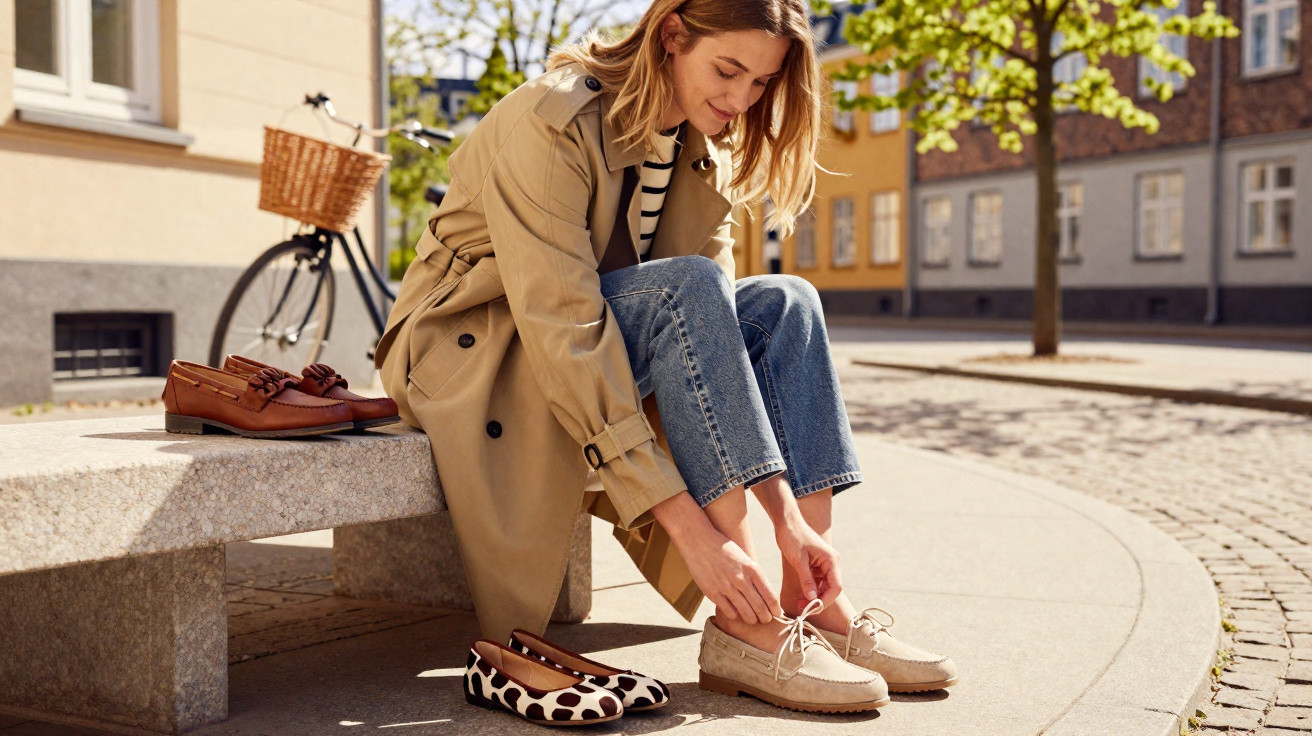 Frau in Trenchcoat sitzt auf Bank und schnürt beige Schuhe, zwei weitere Paare liegen neben ihr auf dem Gehweg.
