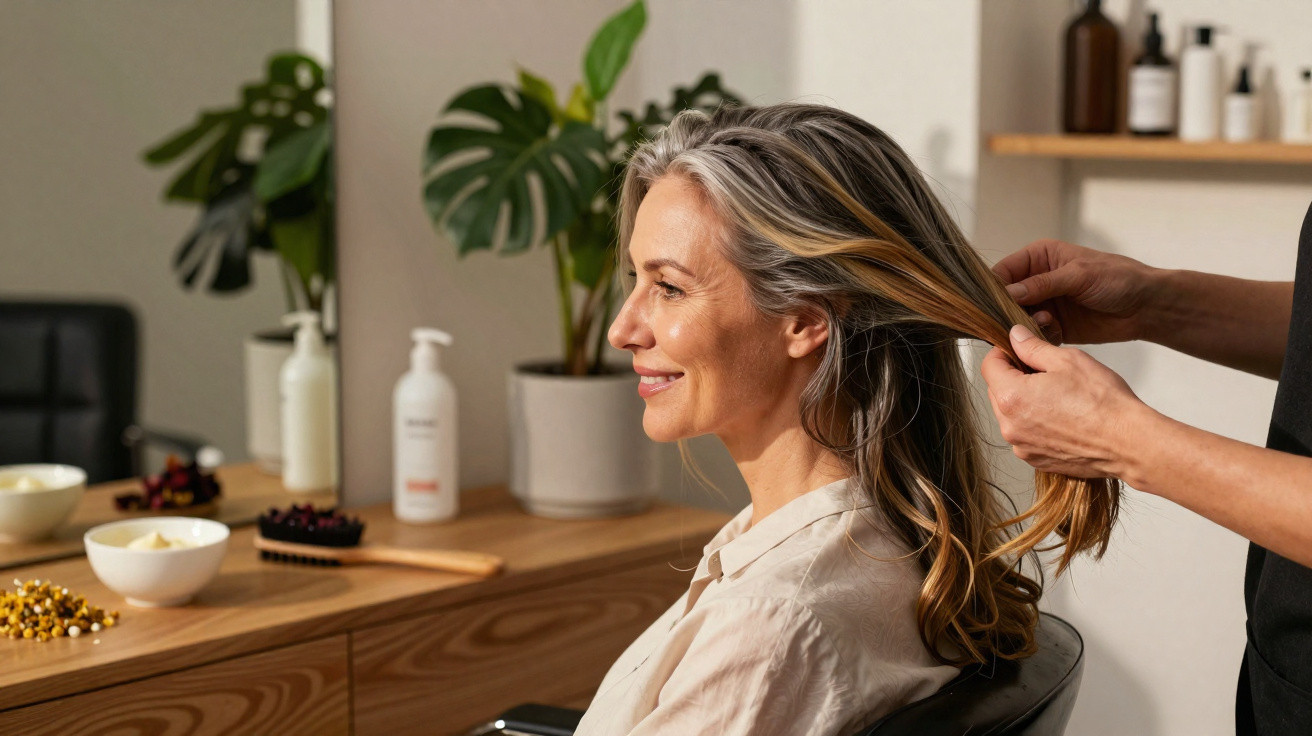 Frau lächelt im Friseursalon, während Stylist ihre langen Haare sanft zurückführt.