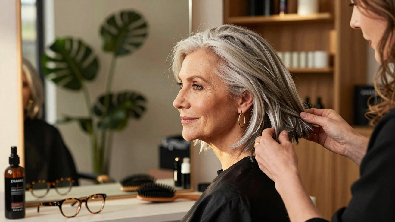 Ältere Frau mit grauen Haaren bekommt im Friseursalon eine neue Frisur gestylt.