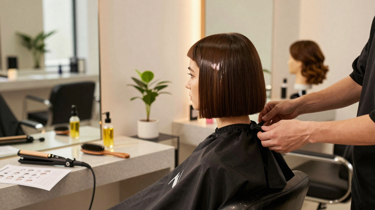 Frau mit kurzem braunem Bob sitzt im Friseursalon, während Friseur ihren Umhang verschließt.