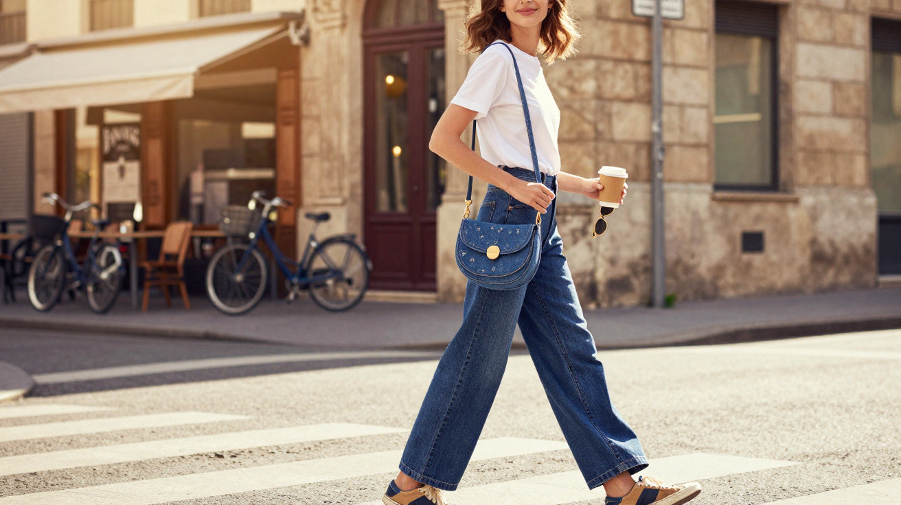 Frau mit weißem T-Shirt und blauer Jeans geht mit Kaffee und Tasche über eine sonnige Straßenkreuzung.