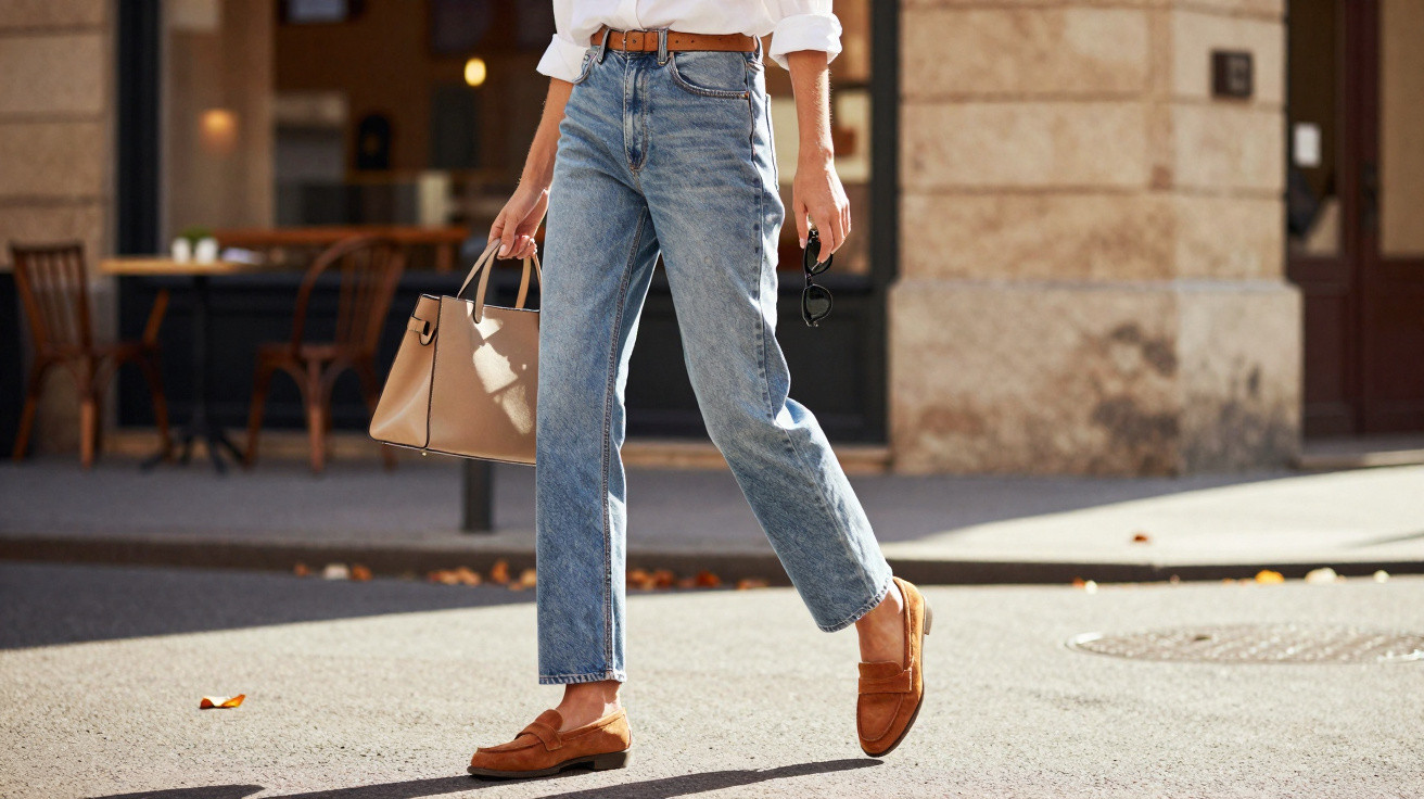 Frau in blauen Jeans, weißem Hemd, braunen Slippern und Tasche geht auf sonniger Straße spazieren.