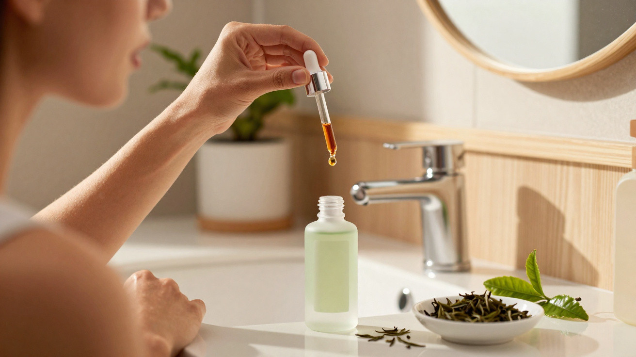 Frau tropft braunes Serum mit Pipette in Fläschchen, neben Schale mit Kräutern auf Bad-Waschtisch.