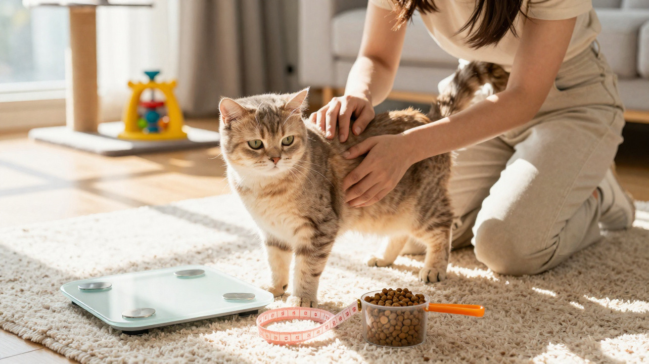 Frau misst Gewicht einer stehenden Katze mit Futter, Maßband und Waage auf Teppich im Wohnzimmer.
