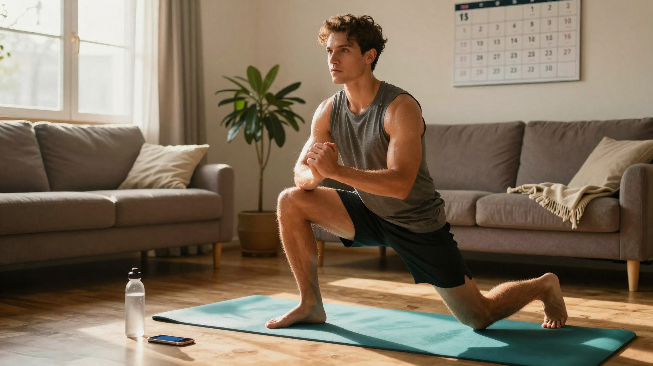 Mann macht Dehnübungen auf Yoga-Matte im Wohnzimmer, umgeben von Sofas, Pflanze und Kalender.