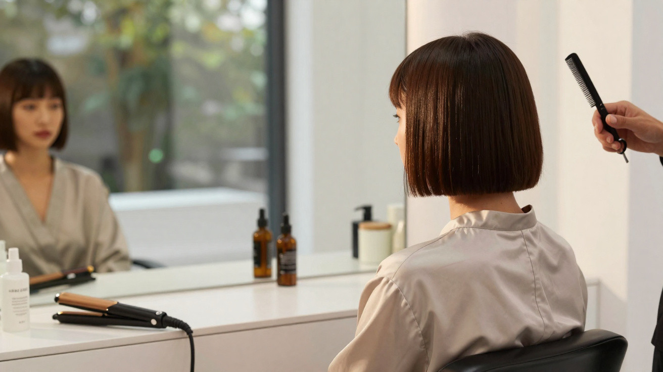 Frau mit kurzem Bobhaarschnitt sitzt vor Spiegel, Haarstylist hält Kamm im modernen Friseursalon.