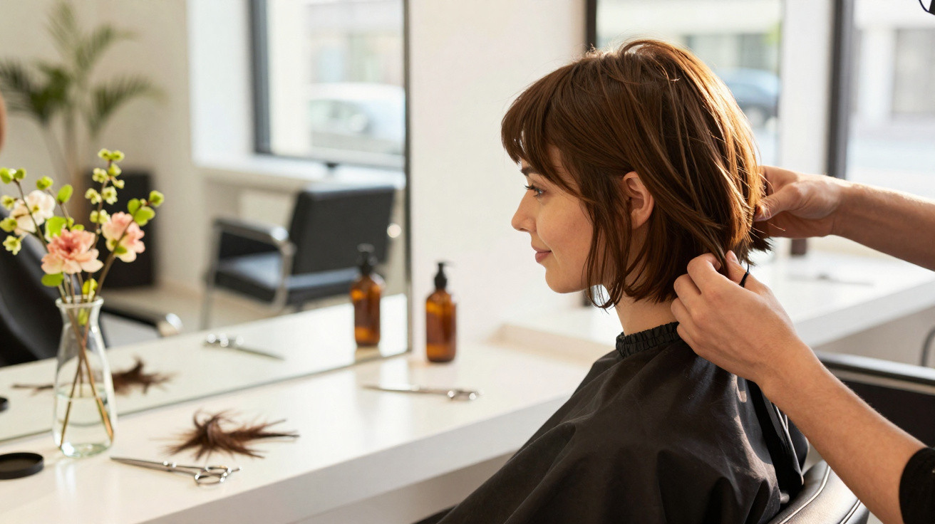 Frau im Friseursalon bekommt Haarschnitt, sitzt vor Spiegel mit Blumen und Friseurwerkzeug auf dem Tisch.