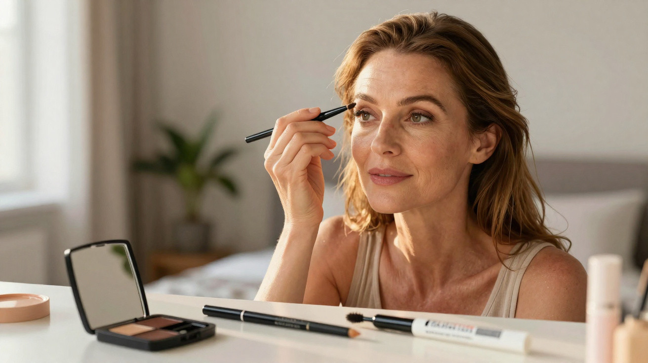 Frau trägt Eyeliner im hell erleuchteten Schlafzimmer auf, Make-up-Produkte liegen vor ihr auf dem Tisch.