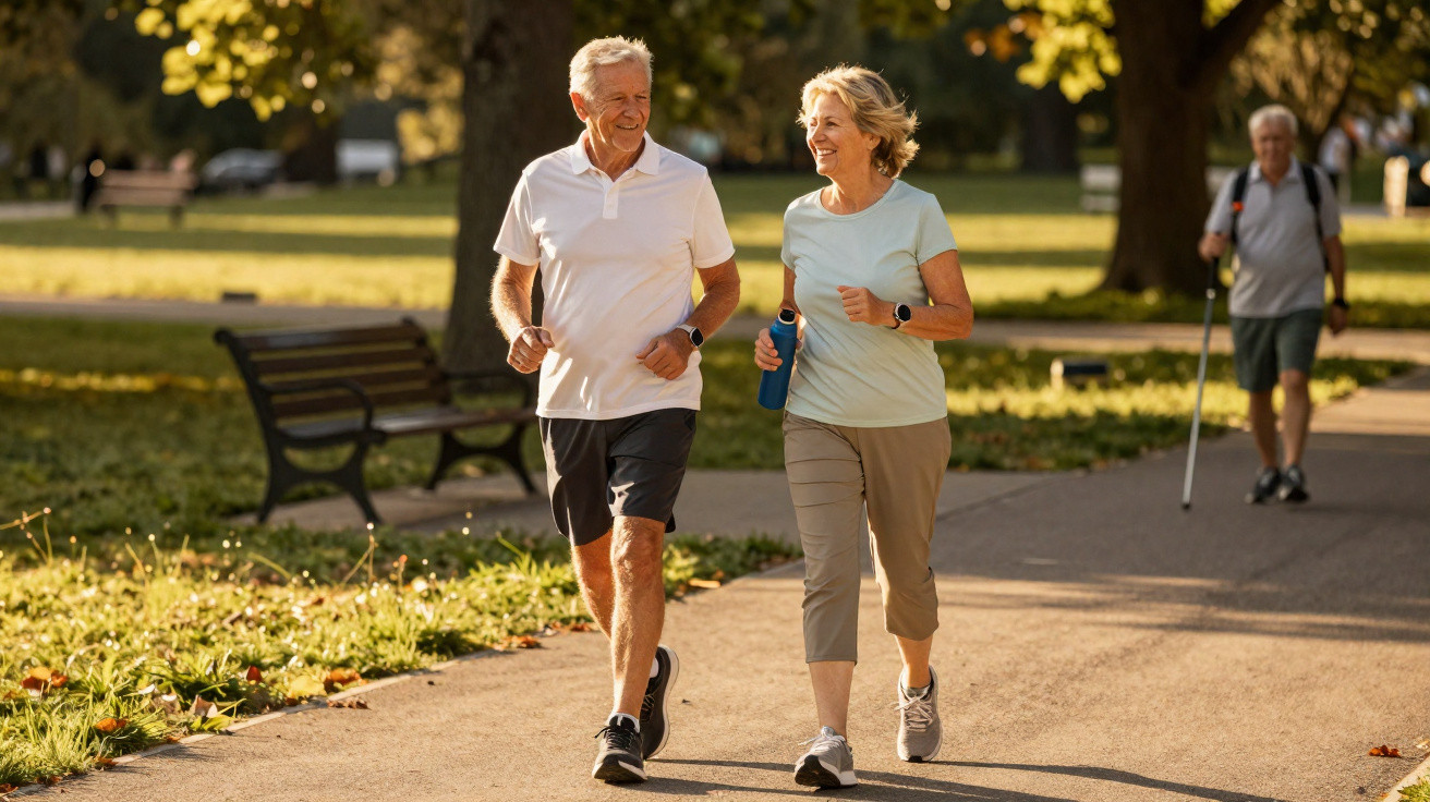 Älteres Paar joggt gemeinsam auf einem sonnigen Parkweg, im Hintergrund Mann mit Gehstock spazierend.
