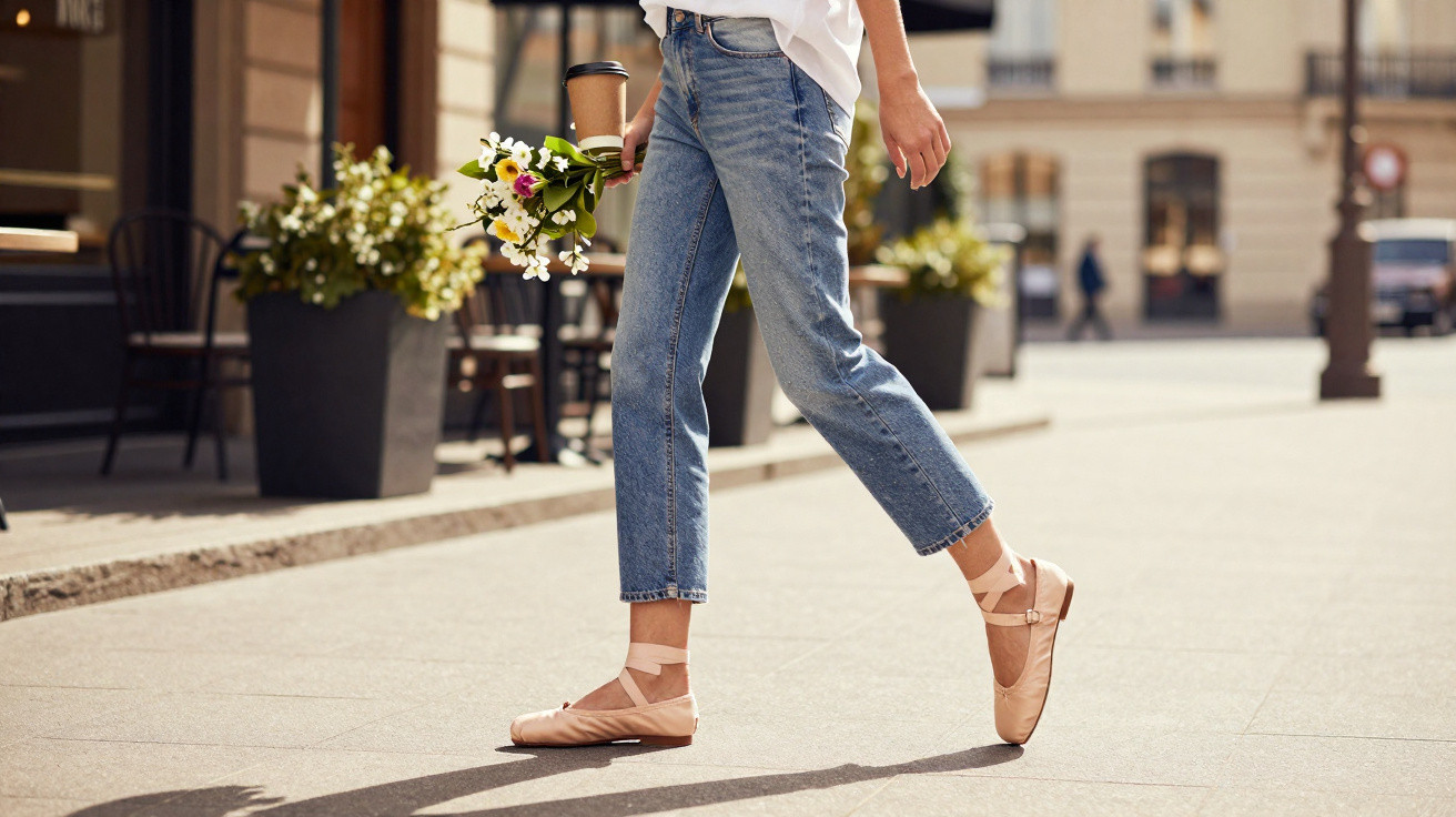 Frau trägt Ballerinas und Jeans, läuft auf sonniger Straße und hält Blumenstrauß und Kaffeebecher.
