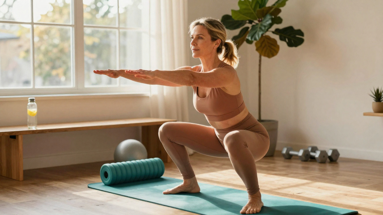 Frau macht auf Yogamatte tiefe Kniebeuge in hellem Raum mit Wasserflasche und Hanteln im Hintergrund.