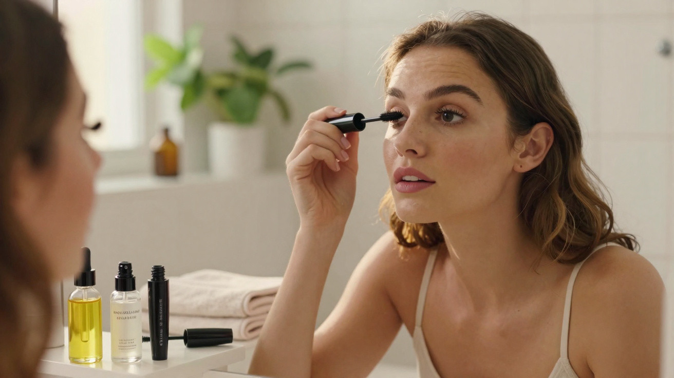 Frau trägt im Badezimmer vor Spiegel Wimperntusche auf, neben ihr stehen Kosmetikflaschen und Handtücher.