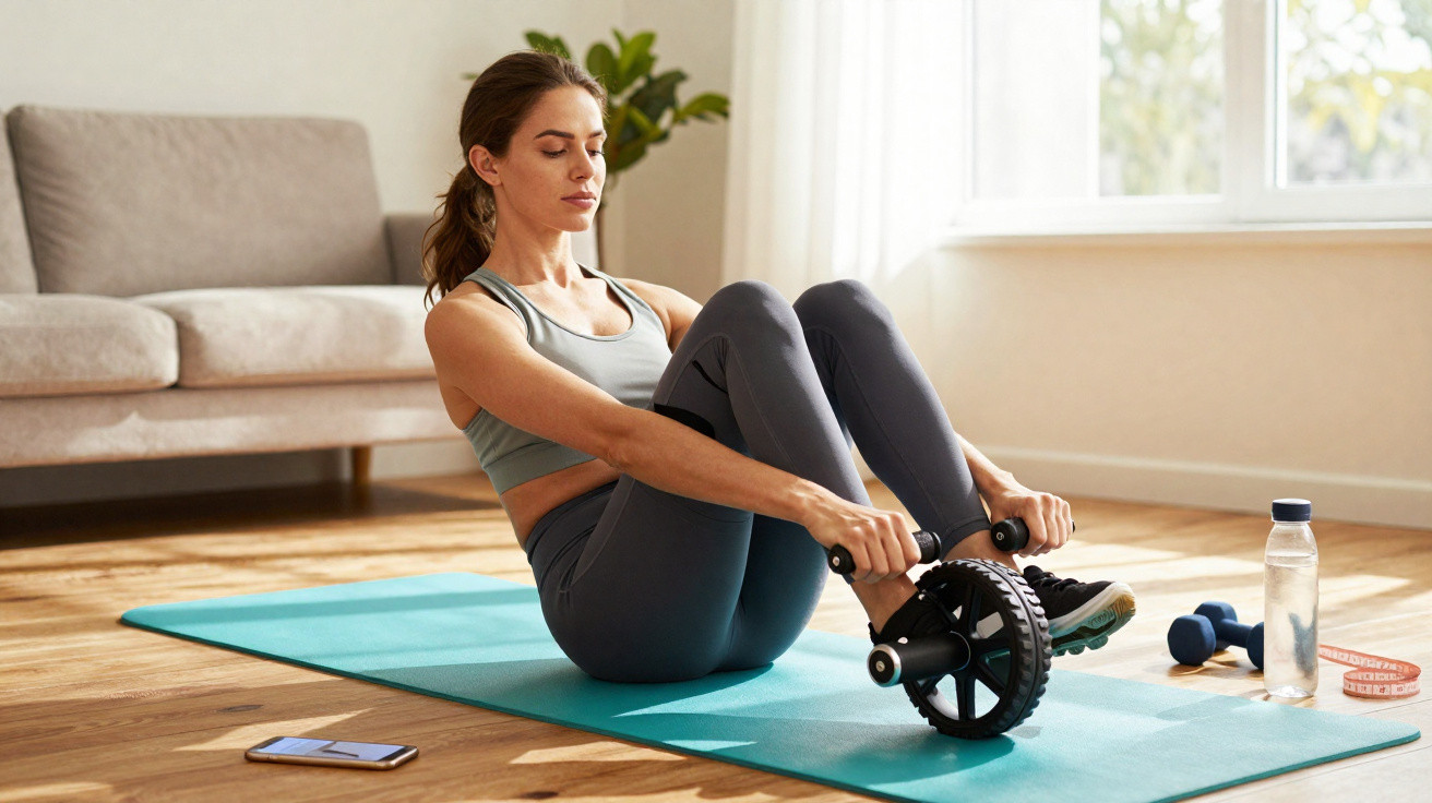 Frau trainiert mit Fitnessrad auf Yogamatte im hellen Wohnzimmer, neben Hanteln und Wasserflasche.