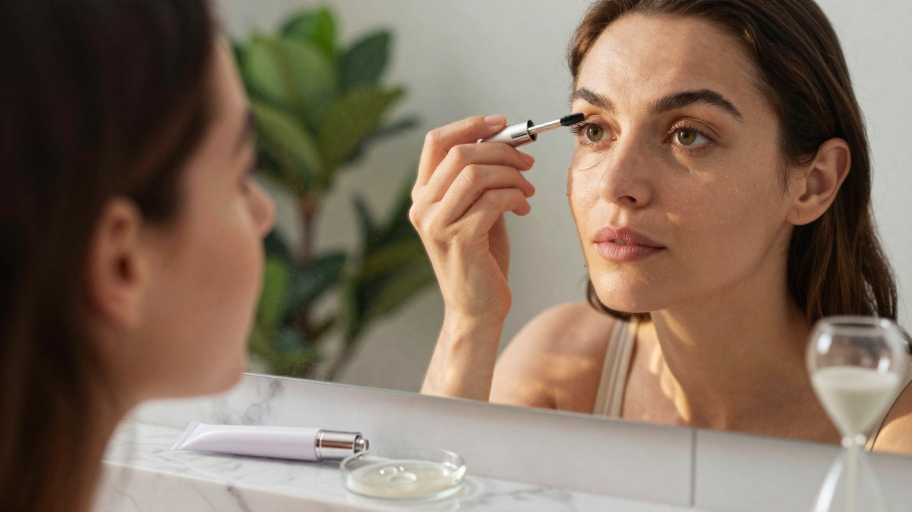 Frau trägt vor Spiegel Wimperntusche auf, im Vordergrund Kosmetik und Sanduhr auf Marmorplatte.