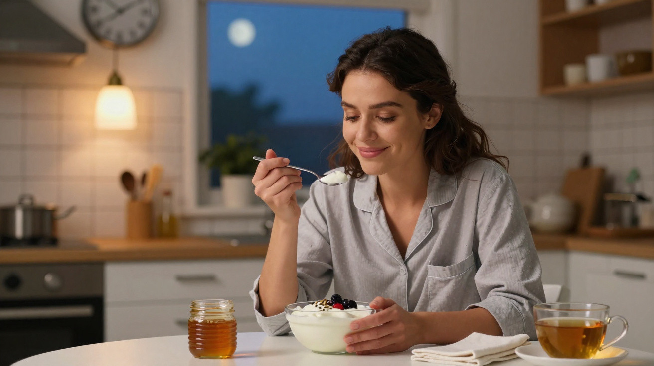 Frau isst abends Joghurt mit Beeren in der Küche, im Hintergrund Vollmond durchs Fenster sichtbar.