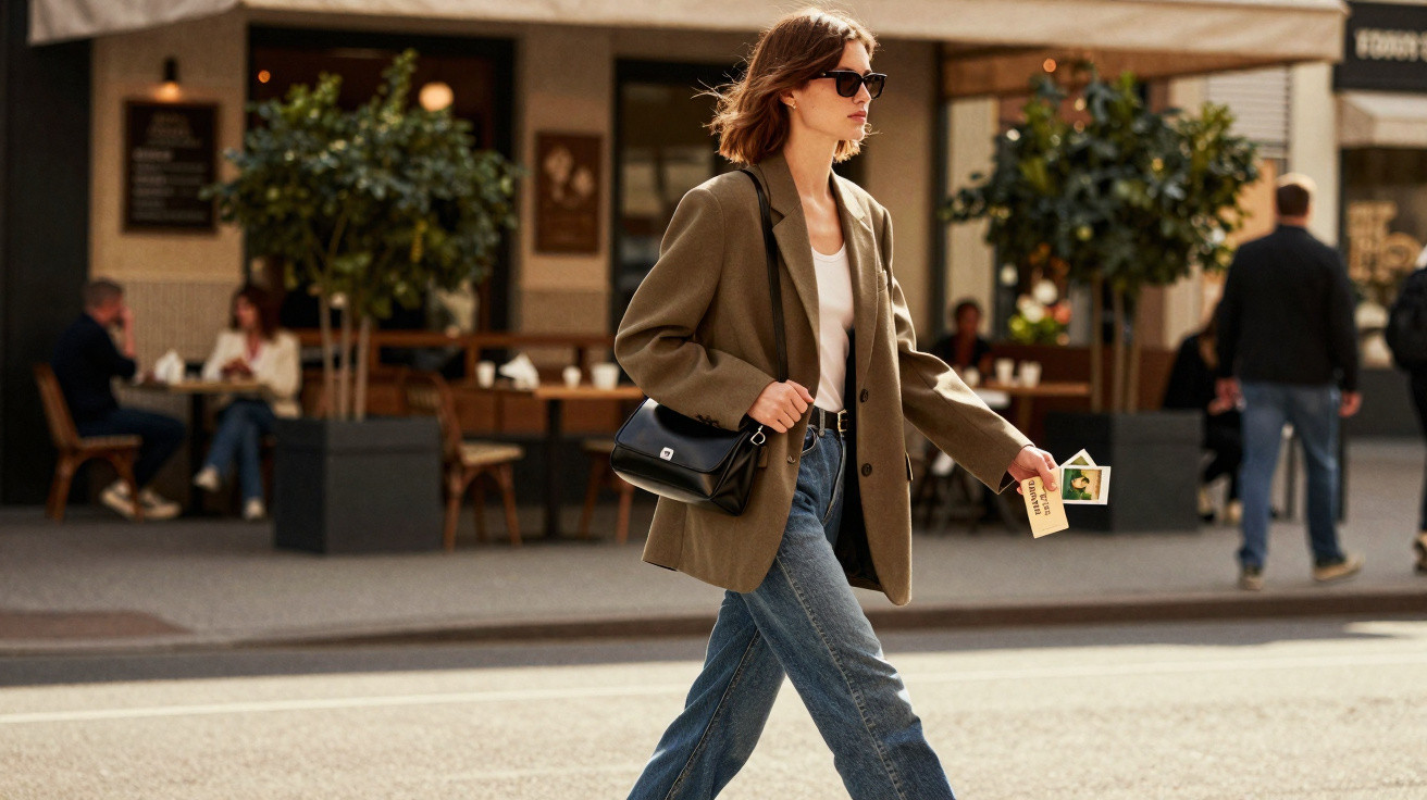 Frau mit Sonnenbrille und grüner Jacke überquert Straße vor Café und trägt Handtasche und Fotos.