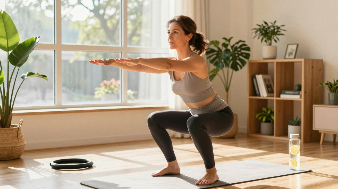 Frau macht Kniebeugen auf Yogamatte in hellem Wohnzimmer mit Pflanzen und Wasserflasche.