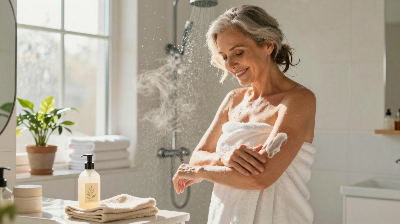 Ältere Frau trägt cremige Lotion auf Arm auf, steht lachend im sonnendurchfluteten Badezimmer mit Handtuch.