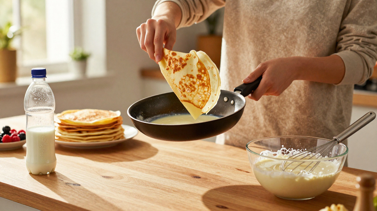 Person dreht Pfannkuchen in Pfanne in heller Küche mit Schüssel, Milchflasche und Obst im Hintergrund.