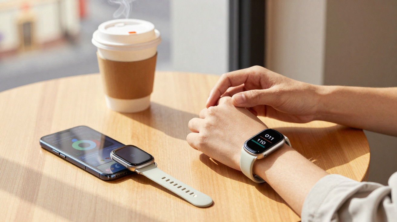 Person trägt Smartwatch mit Herzfrequenzanzeige, daneben liegen ein Smartphone und eine weitere Smartwatch auf einem Holztisc