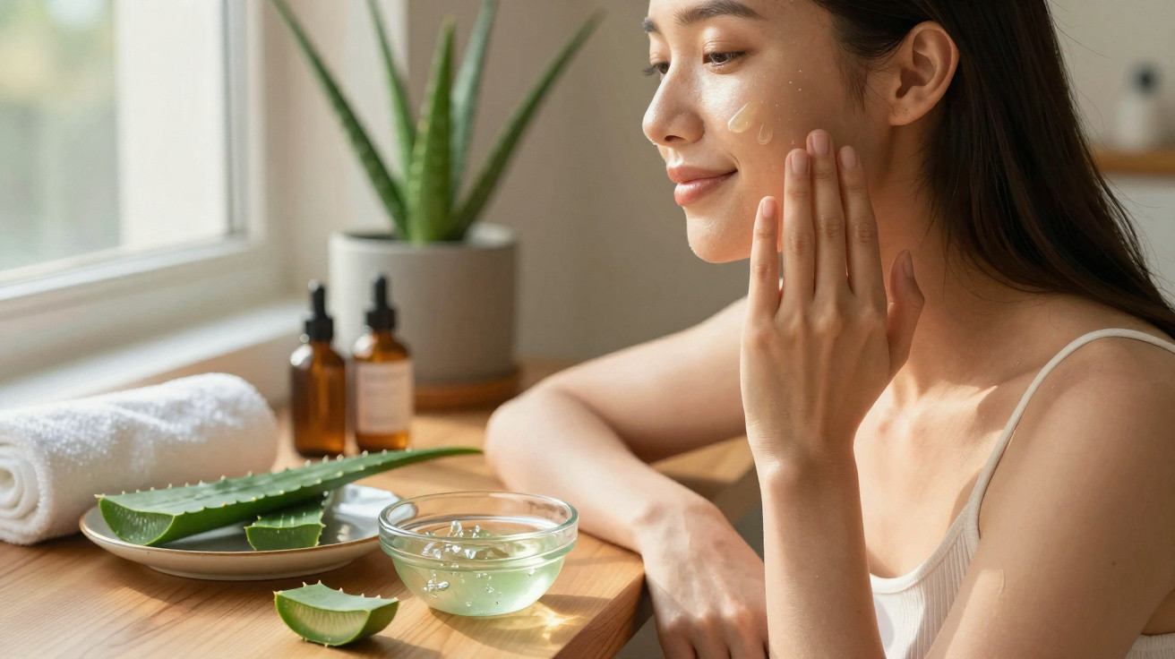 Frau trägt Aloe-Vera-Gel auf Gesicht auf, sitzend am Tisch mit Aloe-Pflanze und Pflegeprodukten.