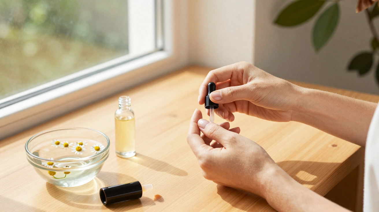 Hände mit Tropfpipette über Holzoberfläche, daneben Schale mit Kamillenblüten und offenes Fläschchen, Sonnenlicht.