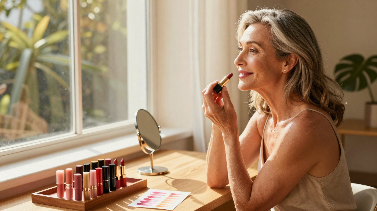 Ältere Frau sitzt am Fenster und trägt Lippenstift auf, neben ihr Lippenstiftfarben und ein Spiegel.